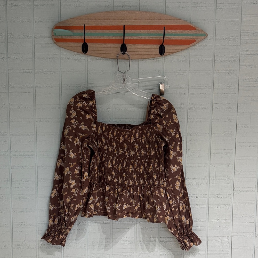 NWOT Smocked Brown Floral Long-Sleeve Blouse